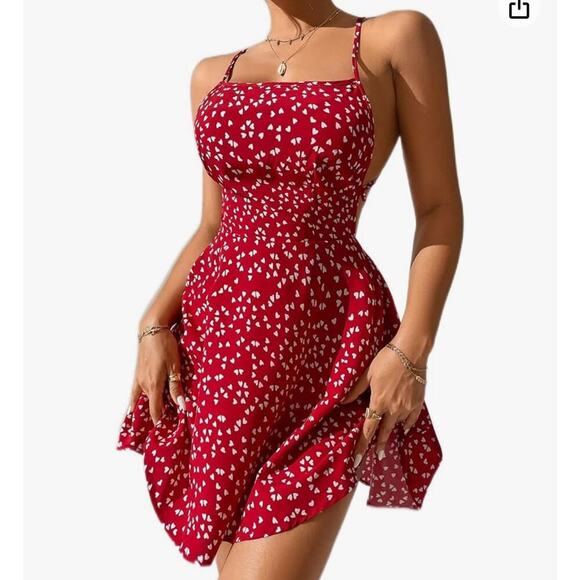 Women's Dresses Confetti Heart Print Criss Cross Tie Backless Cami Dress SZ MD - Picture 1 of 8